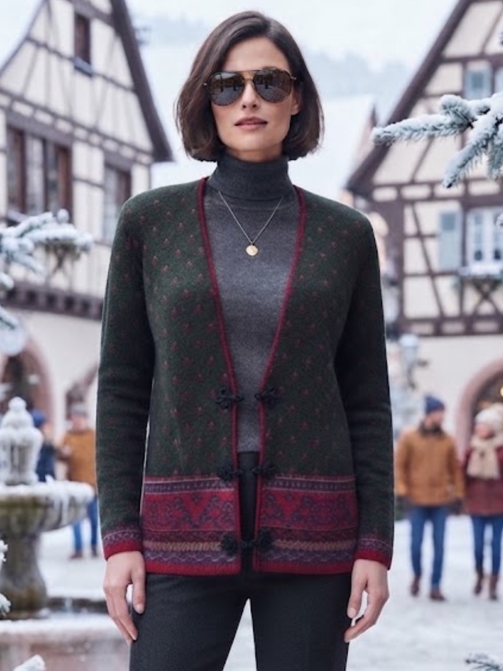 Vintage Pendleton Forest Green Wool Floral Knit Cardigan Red Trim Size MP
